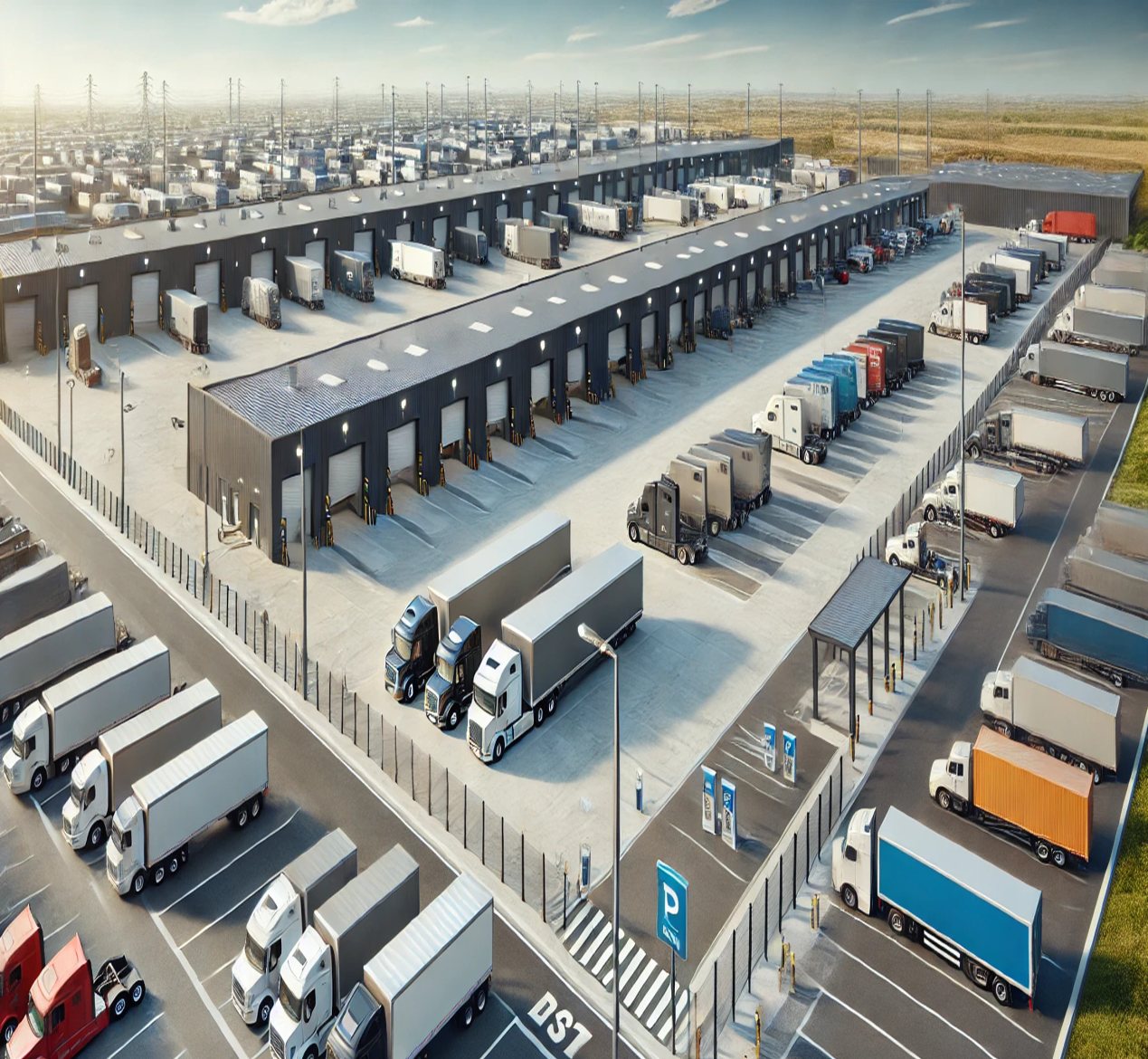 Industrial outdoor storage facility with trucks at loading docks