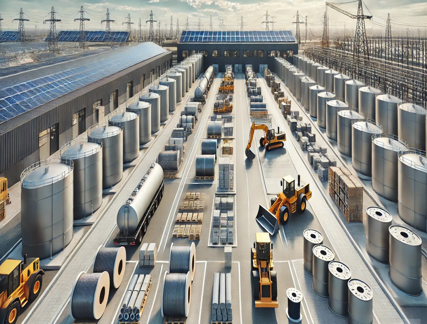 Industrial yard with storage tanks and equipment